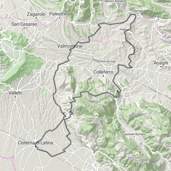 Map miniature of "The Latina Hills Challenge" cycling inspiration in Lazio, Italy. Generated by Tarmacs.app cycling route planner