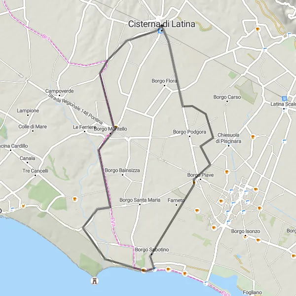 Map miniature of "Discovering the Coastal Towns" cycling inspiration in Lazio, Italy. Generated by Tarmacs.app cycling route planner