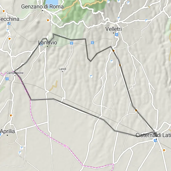 Miniatura della mappa di ispirazione al ciclismo "Percorso ciclistico da Cisterna di Latina a Monte Cagnolo" nella regione di Lazio, Italy. Generata da Tarmacs.app, pianificatore di rotte ciclistiche