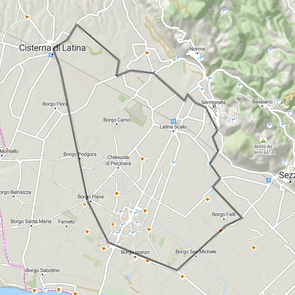 Map miniature of "Cisterna di Latina - Sermoneta - Borgo Faiti - Cerciabella Round Trip" cycling inspiration in Lazio, Italy. Generated by Tarmacs.app cycling route planner