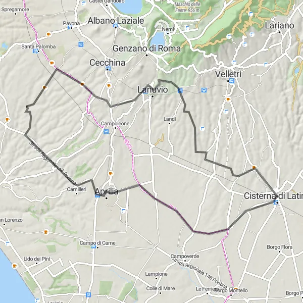Map miniature of "Cisterna di Latina - Aprilia - Lanuvio Round Trip" cycling inspiration in Lazio, Italy. Generated by Tarmacs.app cycling route planner