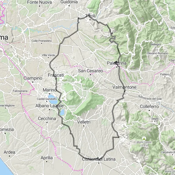 Miniatura della mappa di ispirazione al ciclismo "Avventurosa pedalata fino a Palestrina" nella regione di Lazio, Italy. Generata da Tarmacs.app, pianificatore di rotte ciclistiche