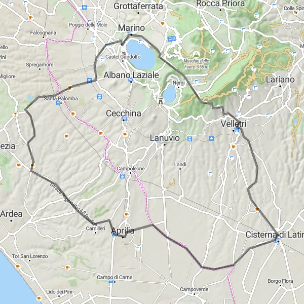 Map miniature of "Cisterna di Latina - Aprilia - Santa Palomba - Marino - Convento Palazzola - Maschio d'Artemisio - Velletri Round Trip" cycling inspiration in Lazio, Italy. Generated by Tarmacs.app cycling route planner