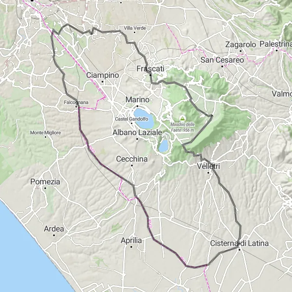 Map miniature of "Cisterna di Latina - Santa Palomba - Castrum Caetani - Villa Torlonia - Frascati - Pratoni del Vivaro - Monte Spina Round Trip" cycling inspiration in Lazio, Italy. Generated by Tarmacs.app cycling route planner