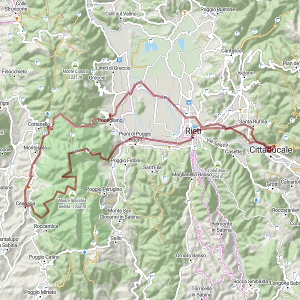 Miniatura della mappa di ispirazione al ciclismo "Gravel Experience tra Rieti e Cottanello" nella regione di Lazio, Italy. Generata da Tarmacs.app, pianificatore di rotte ciclistiche