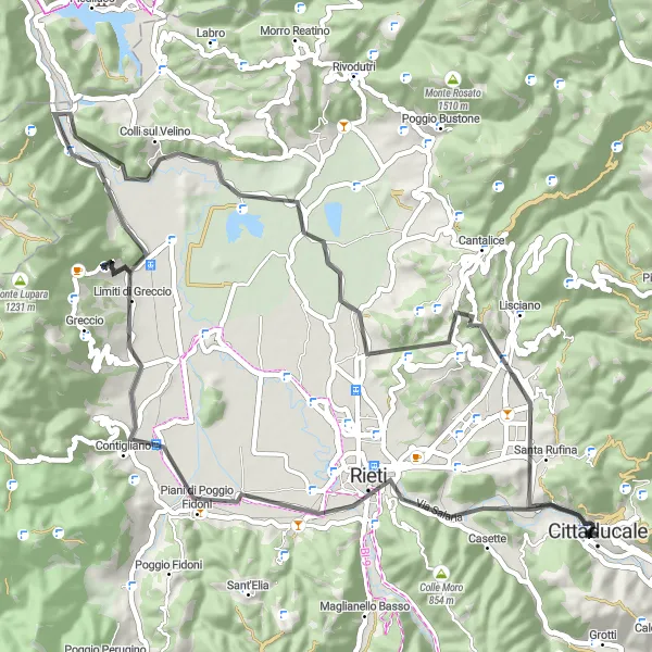 Miniatura della mappa di ispirazione al ciclismo "Tour delle Colline Reatine" nella regione di Lazio, Italy. Generata da Tarmacs.app, pianificatore di rotte ciclistiche