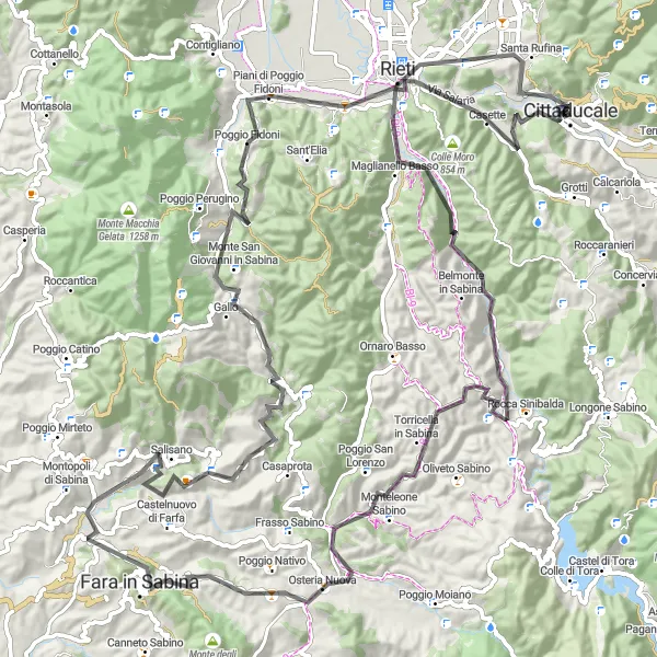 Miniatura della mappa di ispirazione al ciclismo "Giro dei Monti Sabini" nella regione di Lazio, Italy. Generata da Tarmacs.app, pianificatore di rotte ciclistiche