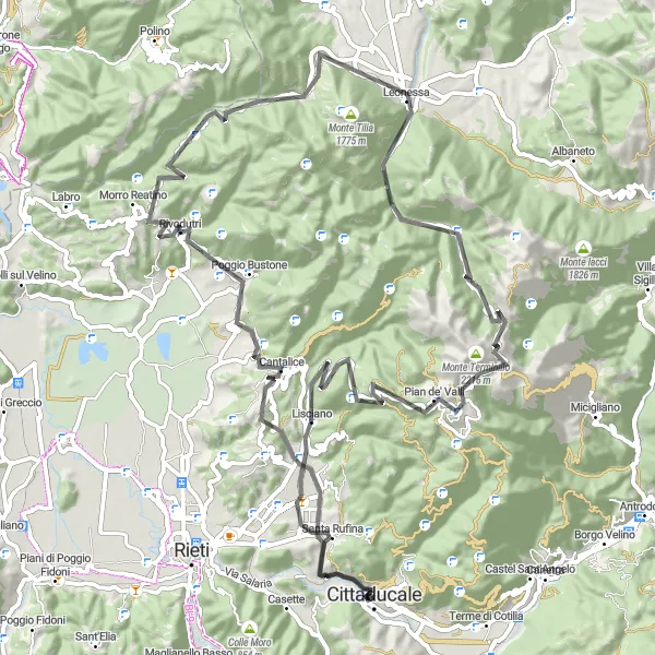 Miniatura della mappa di ispirazione al ciclismo "Sfida sul Terminillo" nella regione di Lazio, Italy. Generata da Tarmacs.app, pianificatore di rotte ciclistiche