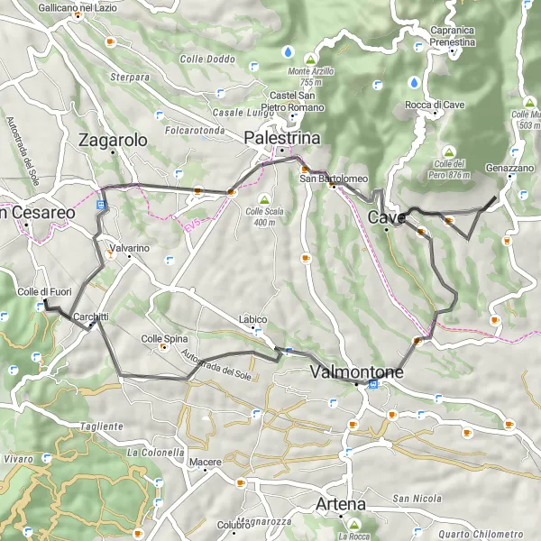 Map miniature of "Colle di Fuori - Valmontone Loop" cycling inspiration in Lazio, Italy. Generated by Tarmacs.app cycling route planner