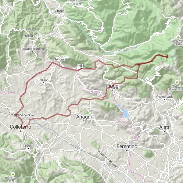 Miniatura della mappa di ispirazione al ciclismo "Giro delle montagne di Fiuggi" nella regione di Lazio, Italy. Generata da Tarmacs.app, pianificatore di rotte ciclistiche