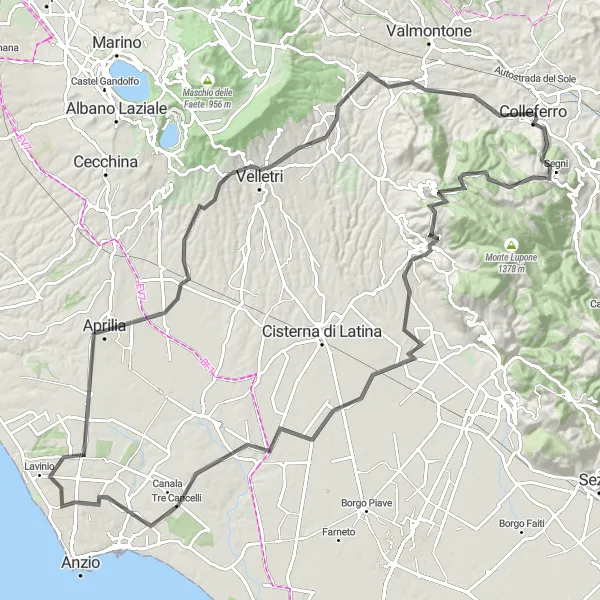 Miniatura della mappa di ispirazione al ciclismo "Giro in bici tra Colleferro e Velletri" nella regione di Lazio, Italy. Generata da Tarmacs.app, pianificatore di rotte ciclistiche