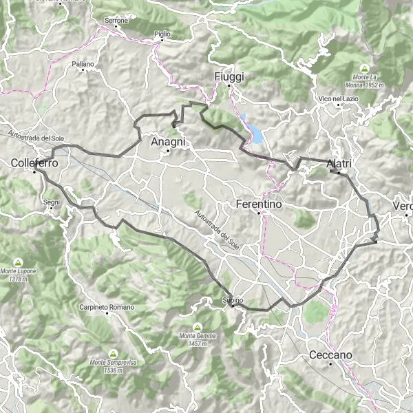 Map miniature of "Colleferro and Surrounding Hills" cycling inspiration in Lazio, Italy. Generated by Tarmacs.app cycling route planner