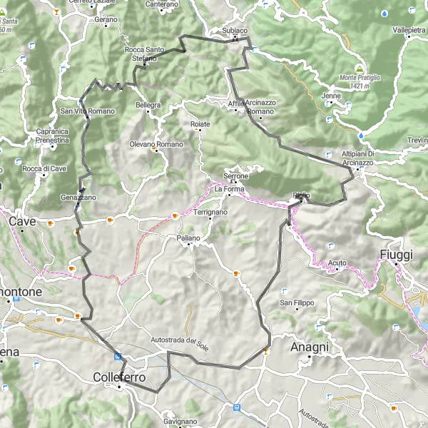 Miniatura della mappa di ispirazione al ciclismo "Giro in bicicletta da Colleferro a Piglio e ritorno" nella regione di Lazio, Italy. Generata da Tarmacs.app, pianificatore di rotte ciclistiche