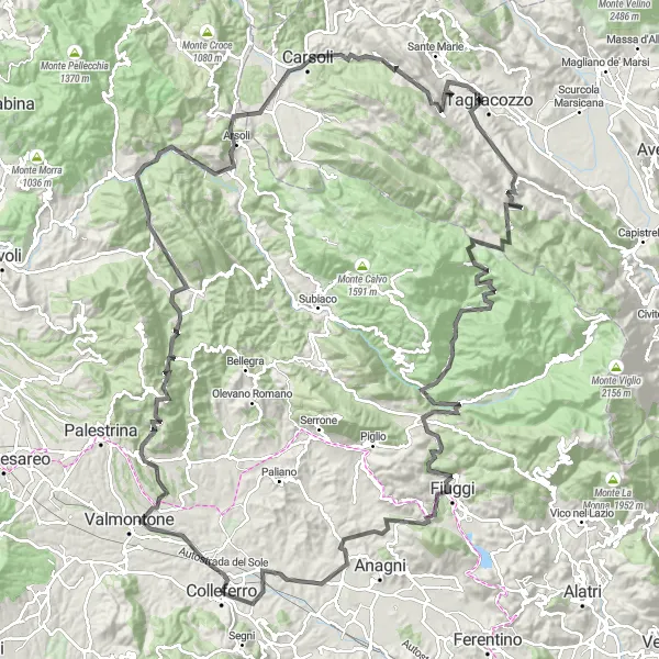 Map miniature of "Mountainous Epic Adventure" cycling inspiration in Lazio, Italy. Generated by Tarmacs.app cycling route planner
