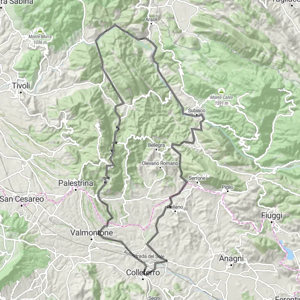 Miniatura della mappa di ispirazione al ciclismo "Strada tra le colline di Paliano" nella regione di Lazio, Italy. Generata da Tarmacs.app, pianificatore di rotte ciclistiche