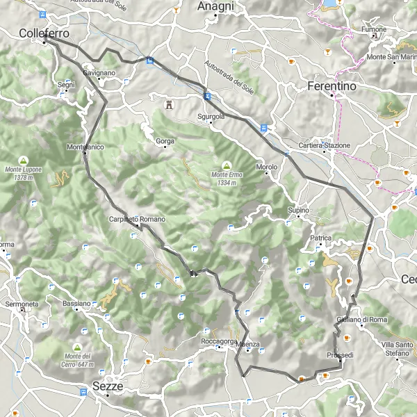 Miniatura della mappa di ispirazione al ciclismo "Giro in bicicletta attraverso Castello di Colleferro" nella regione di Lazio, Italy. Generata da Tarmacs.app, pianificatore di rotte ciclistiche
