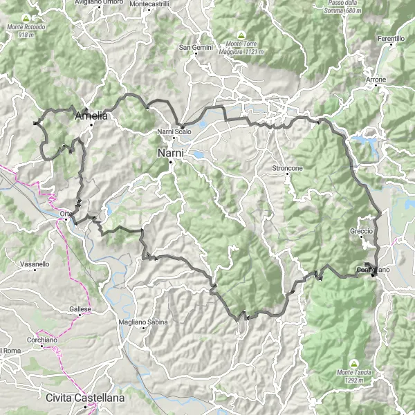 Miniatura della mappa di ispirazione al ciclismo "Road tra Cottanello e Cascata delle Marmore" nella regione di Lazio, Italy. Generata da Tarmacs.app, pianificatore di rotte ciclistiche
