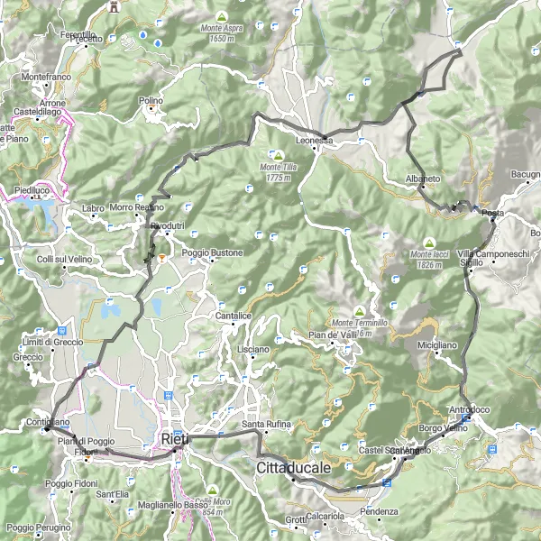 Miniatura della mappa di ispirazione al ciclismo "Avventura tra Leonessa e Borgo Velino" nella regione di Lazio, Italy. Generata da Tarmacs.app, pianificatore di rotte ciclistiche