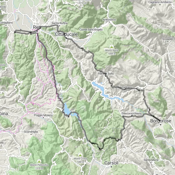 Miniatura della mappa di ispirazione al ciclismo "Giro Panoramico tra Colli e Montagne" nella regione di Lazio, Italy. Generata da Tarmacs.app, pianificatore di rotte ciclistiche