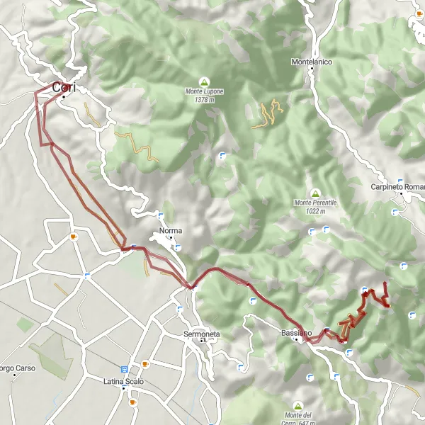 Miniatura della mappa di ispirazione al ciclismo "Giro in Gravel intorno a Cori" nella regione di Lazio, Italy. Generata da Tarmacs.app, pianificatore di rotte ciclistiche