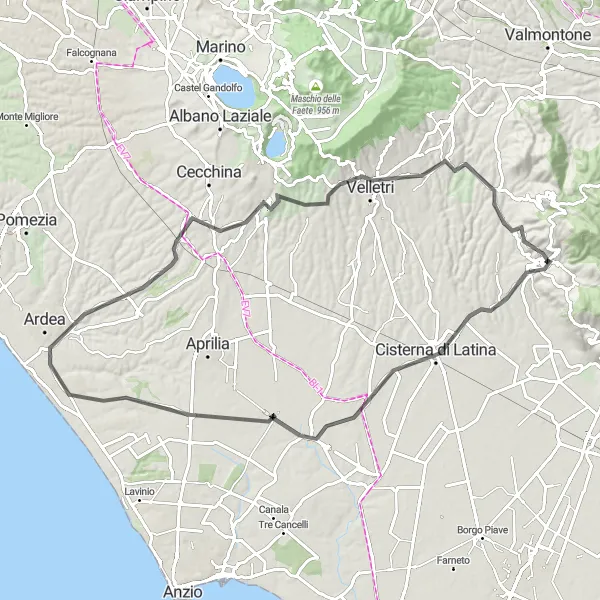 Miniatura della mappa di ispirazione al ciclismo "Giro in bicicletta da Cori a Giulianello" nella regione di Lazio, Italy. Generata da Tarmacs.app, pianificatore di rotte ciclistiche