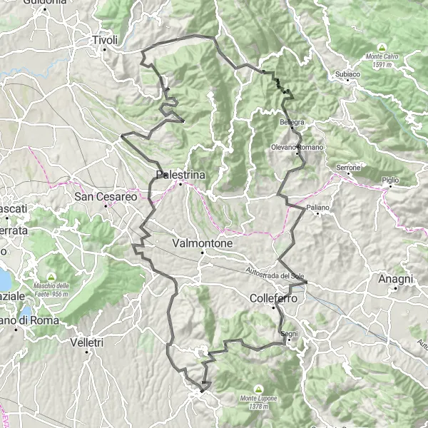 Miniatura della mappa di ispirazione al ciclismo "La sfida delle colline intorno a Cori" nella regione di Lazio, Italy. Generata da Tarmacs.app, pianificatore di rotte ciclistiche