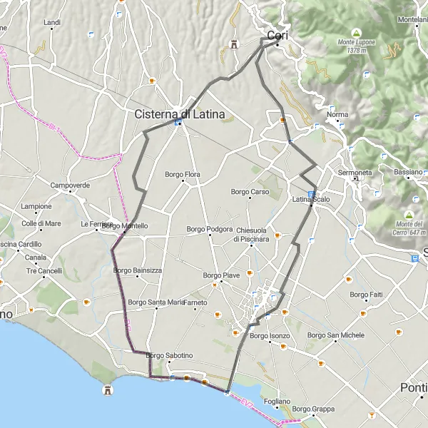 Miniatura della mappa di ispirazione al ciclismo "Giro in bicicletta Attorno a Cori" nella regione di Lazio, Italy. Generata da Tarmacs.app, pianificatore di rotte ciclistiche