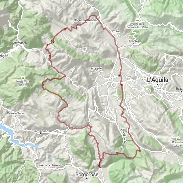 Miniatura della mappa di ispirazione al ciclismo "Escursione in Gravel da Corvaro" nella regione di Lazio, Italy. Generata da Tarmacs.app, pianificatore di rotte ciclistiche