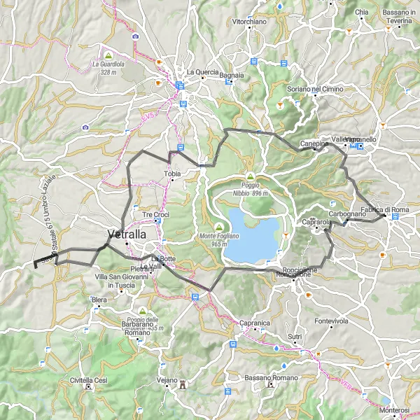 Miniatura della mappa di ispirazione al ciclismo "Giro in Bici da Fabrica di Roma a Ronciglione e San Martino al Cimino" nella regione di Lazio, Italy. Generata da Tarmacs.app, pianificatore di rotte ciclistiche