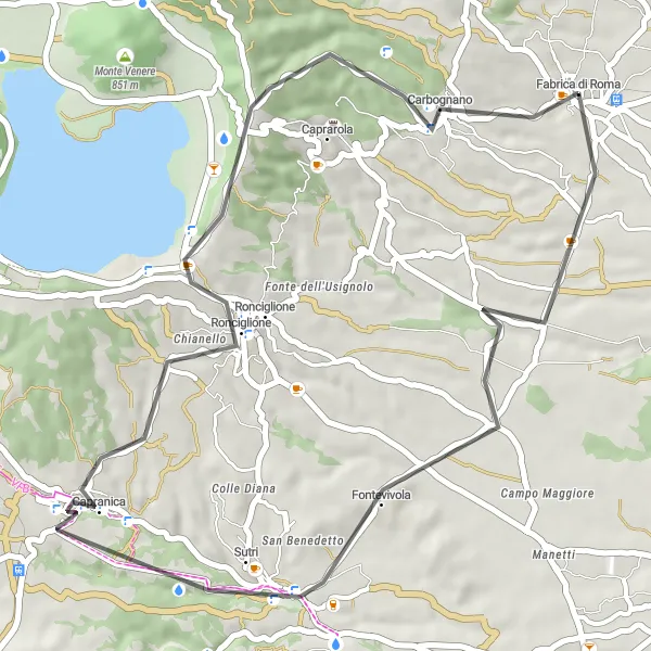 Miniatura della mappa di ispirazione al ciclismo "Tour in bicicletta Fontevivola e Carbognano" nella regione di Lazio, Italy. Generata da Tarmacs.app, pianificatore di rotte ciclistiche