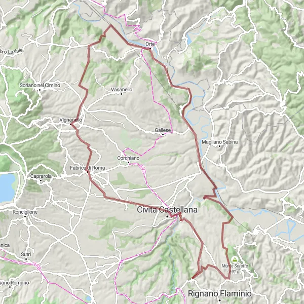 Map miniature of "Scenic Gravel Ride to Bassano in Teverina" cycling inspiration in Lazio, Italy. Generated by Tarmacs.app cycling route planner
