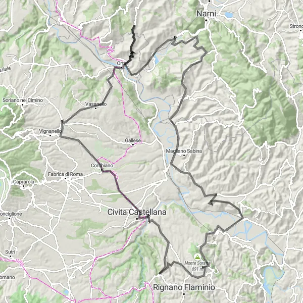 Map miniature of "Ultimate Road Cycling Adventure featuring Mount Soratte" cycling inspiration in Lazio, Italy. Generated by Tarmacs.app cycling route planner