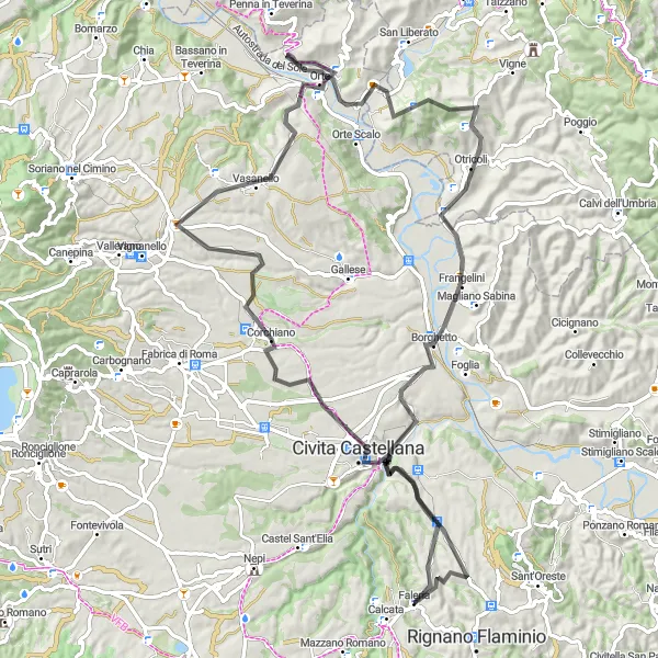 Map miniature of "Road Cycling Challenge to Otricoli via Civita Castellana" cycling inspiration in Lazio, Italy. Generated by Tarmacs.app cycling route planner