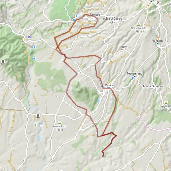 Miniatura della mappa di ispirazione al ciclismo "Percorso Gravel a Canino" nella regione di Lazio, Italy. Generata da Tarmacs.app, pianificatore di rotte ciclistiche