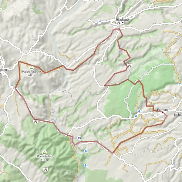 Miniatura della mappa di ispirazione al ciclismo "Ciclo Gravel tra Farnese e Pitigliano" nella regione di Lazio, Italy. Generata da Tarmacs.app, pianificatore di rotte ciclistiche