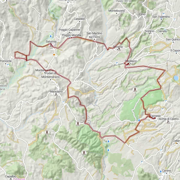 Map miniature of "Challenging Gravel Ride to Pitigliano" cycling inspiration in Lazio, Italy. Generated by Tarmacs.app cycling route planner