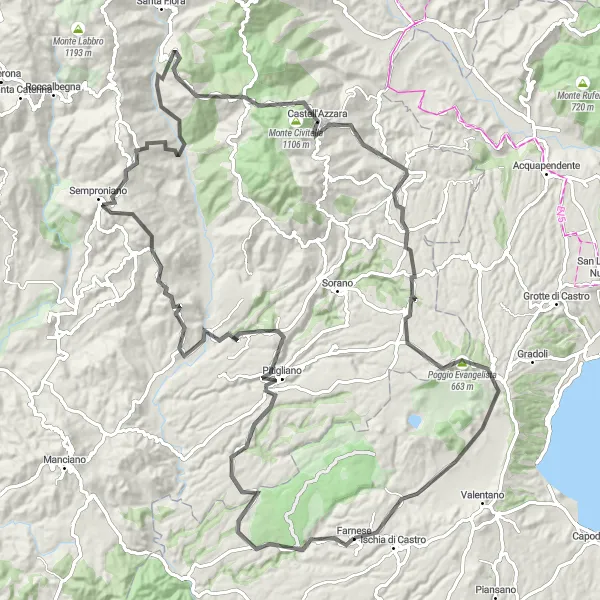 Miniatura della mappa di ispirazione al ciclismo "Giro in bici da Farnese a Monti Calvo" nella regione di Lazio, Italy. Generata da Tarmacs.app, pianificatore di rotte ciclistiche