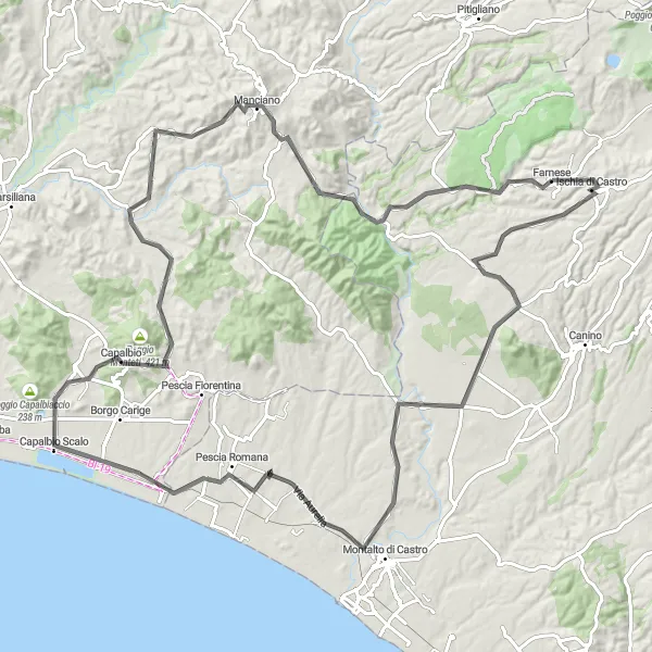Miniatura della mappa di ispirazione al ciclismo "Tour Panoramico delle Colline dell'Alta Tuscia" nella regione di Lazio, Italy. Generata da Tarmacs.app, pianificatore di rotte ciclistiche