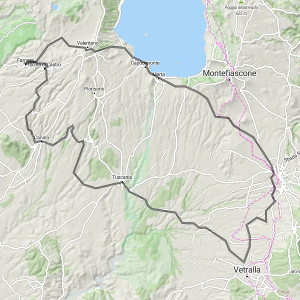 Miniatura della mappa di ispirazione al ciclismo "Tour in bicicletta da Farnese a Poggio Giudio" nella regione di Lazio, Italy. Generata da Tarmacs.app, pianificatore di rotte ciclistiche