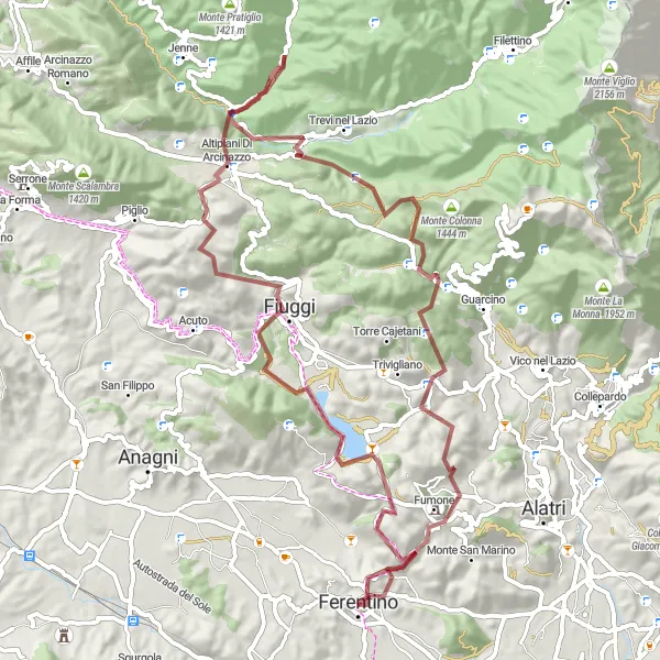 Map miniature of "Loop around Ferentino" cycling inspiration in Lazio, Italy. Generated by Tarmacs.app cycling route planner