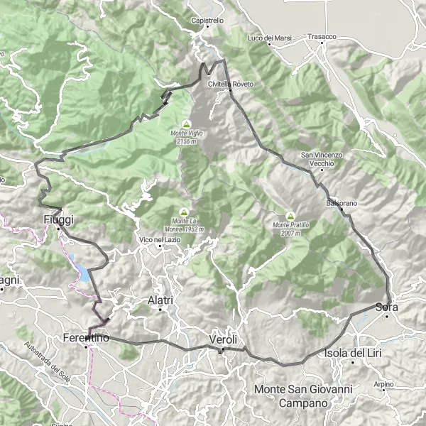 Map miniature of "Challenging Road Ride from Ferentino to Passo Serra Sant Antonio" cycling inspiration in Lazio, Italy. Generated by Tarmacs.app cycling route planner