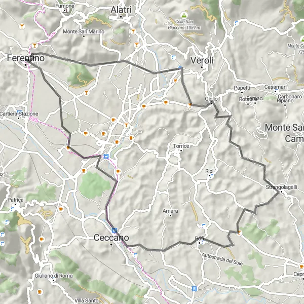 Map miniature of "Scenic Road Ride from Ferentino to Ceccano" cycling inspiration in Lazio, Italy. Generated by Tarmacs.app cycling route planner