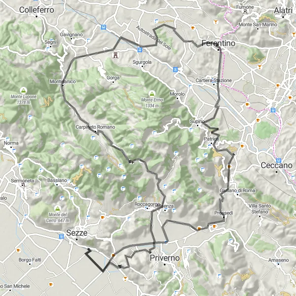 Map miniature of "Scenic Road Ride from Ferentino to Carpineto Romano" cycling inspiration in Lazio, Italy. Generated by Tarmacs.app cycling route planner