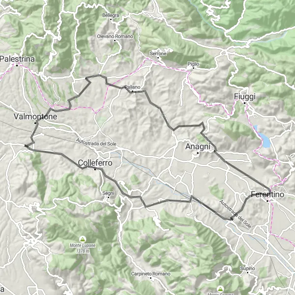 Map miniature of "Thrilling Road Ride from Ferentino to San Filippo" cycling inspiration in Lazio, Italy. Generated by Tarmacs.app cycling route planner