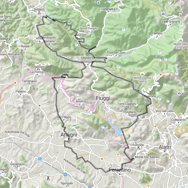 Map miniature of "Challenging Road Loop: Ferentino to Trevi nel Lazio" cycling inspiration in Lazio, Italy. Generated by Tarmacs.app cycling route planner