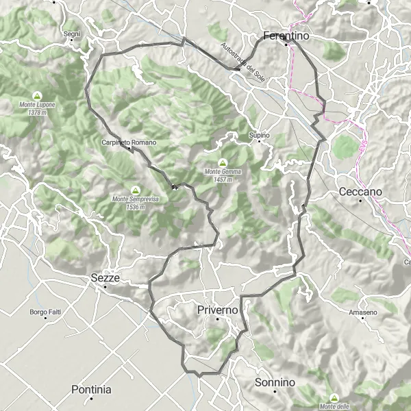 Map miniature of "Scenic Road Cycling Adventure: Ferentino to Villa Magna" cycling inspiration in Lazio, Italy. Generated by Tarmacs.app cycling route planner