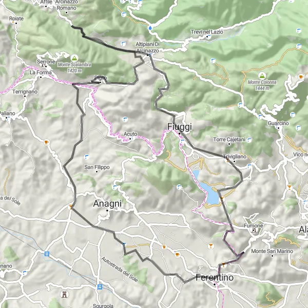 Map miniature of "Classic Road Loop: Ferentino to Fiuggi" cycling inspiration in Lazio, Italy. Generated by Tarmacs.app cycling route planner