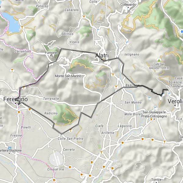 Map miniature of "Short Scenic Ride: Ferentino to Tecchiena" cycling inspiration in Lazio, Italy. Generated by Tarmacs.app cycling route planner