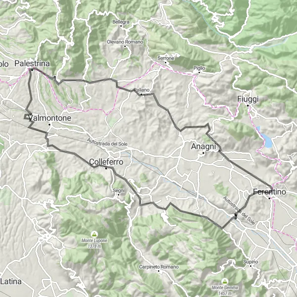 Map miniature of "Sgurgola - Colleferro - Muracci di Crepadosso - Colle Scala - Palestrina - Colle La Signoretta - Paliano - San Filippo - Resti del Teatro Romano" cycling inspiration in Lazio, Italy. Generated by Tarmacs.app cycling route planner