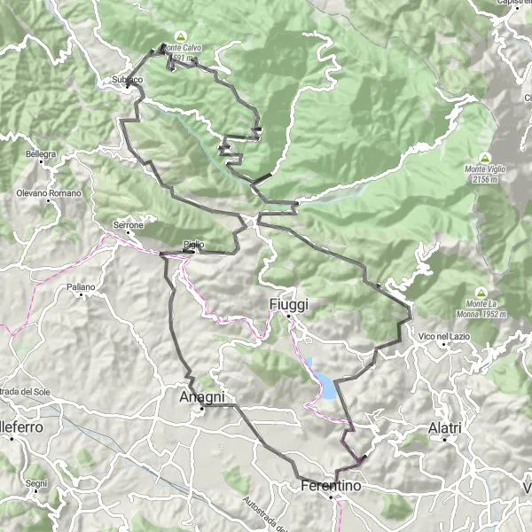 Miniatura della mappa di ispirazione al ciclismo "Giro in bicicletta da Ferentino a Subiaco" nella regione di Lazio, Italy. Generata da Tarmacs.app, pianificatore di rotte ciclistiche